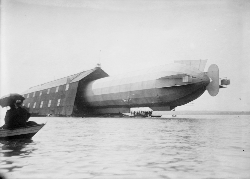 This photograph shows LZ-5 backing out of its floating shed on Lake Constance, just before its first flight. (George Grantham Bain Collection, Library of Congress)
