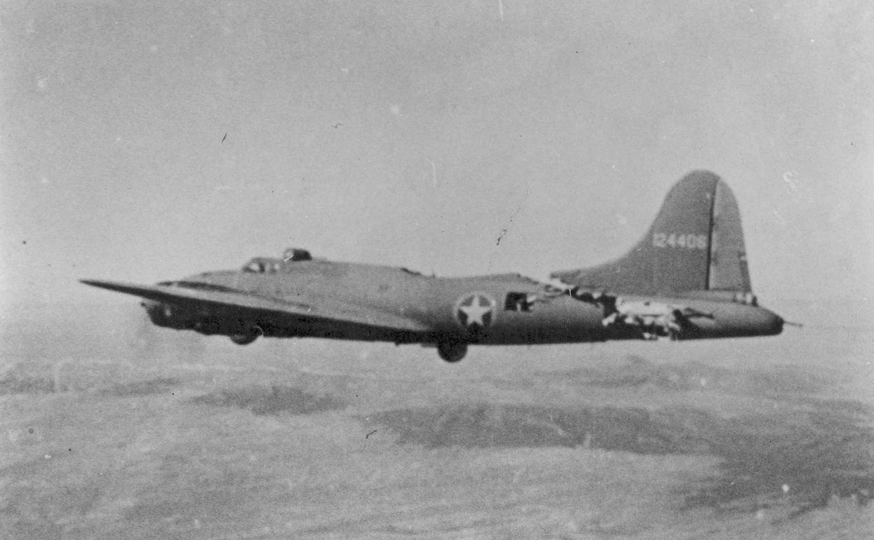A badly damaged Boeing B-17F-5-BO Flying Fortress, 41-24406, All American III, after collision with an Me 109 over Tunis, 1 February 1943. (U.S. Air Force)
