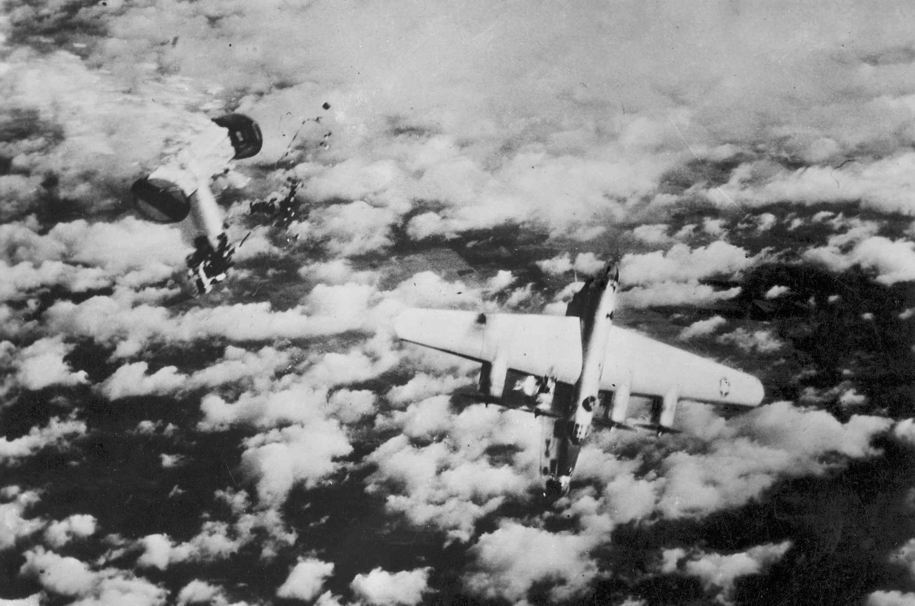 Ford B-24M 44-50838 blown in half by an Me 262, 4 April 1945. (U.S. Air Force)