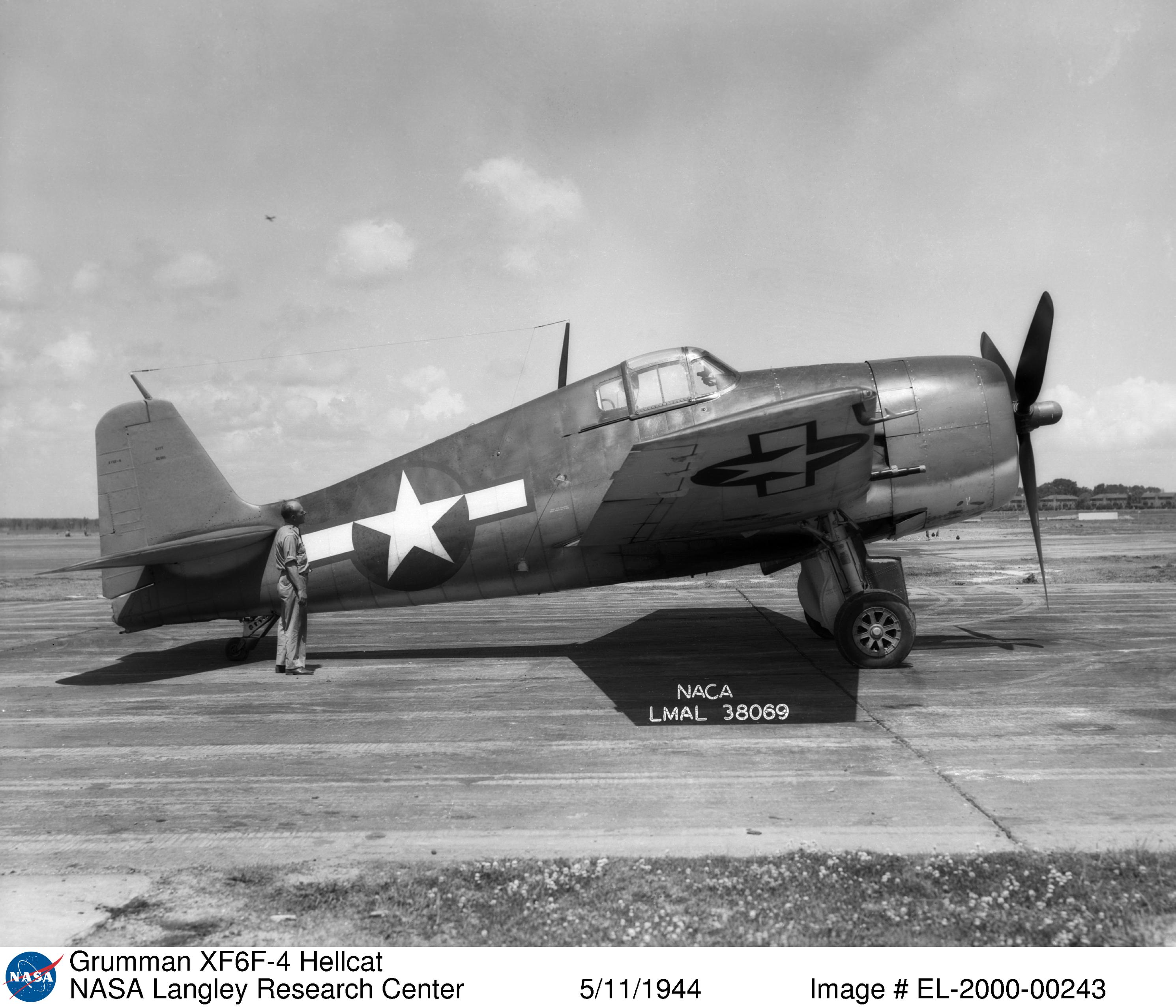 The first prototype Hellcat was converted to the XF6F-4, seen here at NACA, langley Field, Virginia in 1944. (NASA)