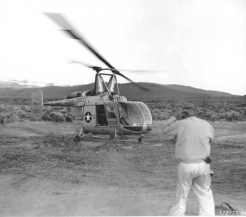 Captain Richard H. Coan prepares to lift off aboard the HH-43B Huskie, 13 June 1962. (U.S. Air Force) 