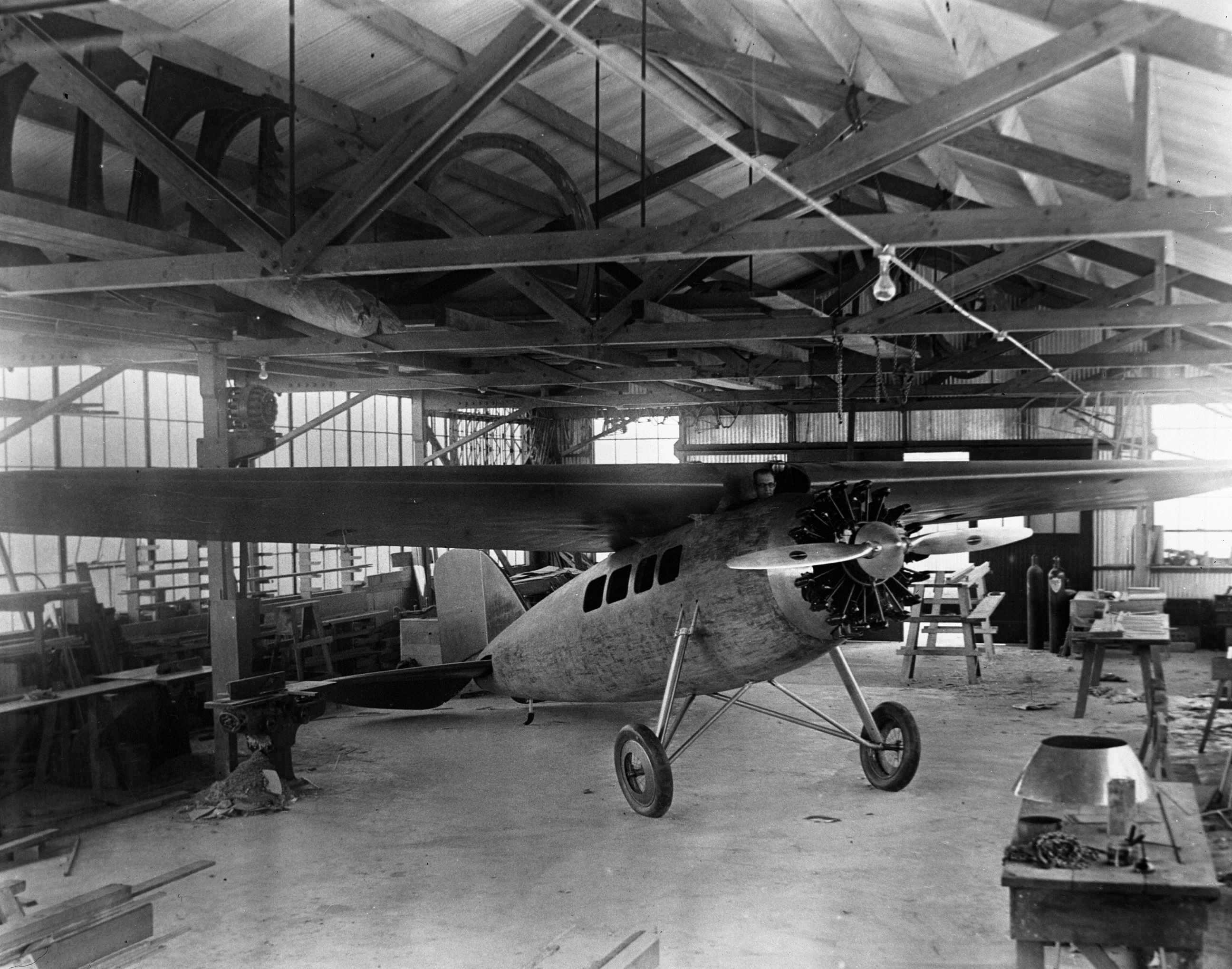 The first Vega 1, NX913, Golden Eagle, nears completion at the Lockheed Aircraft Company, Hollywood, California, 1927. (SFO Museum)