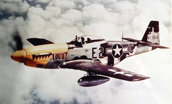 Lead: P-51D-5-NA 44-13410, E2*C, named Lou IV after the pilot's daughter. (U.S. Air Force)