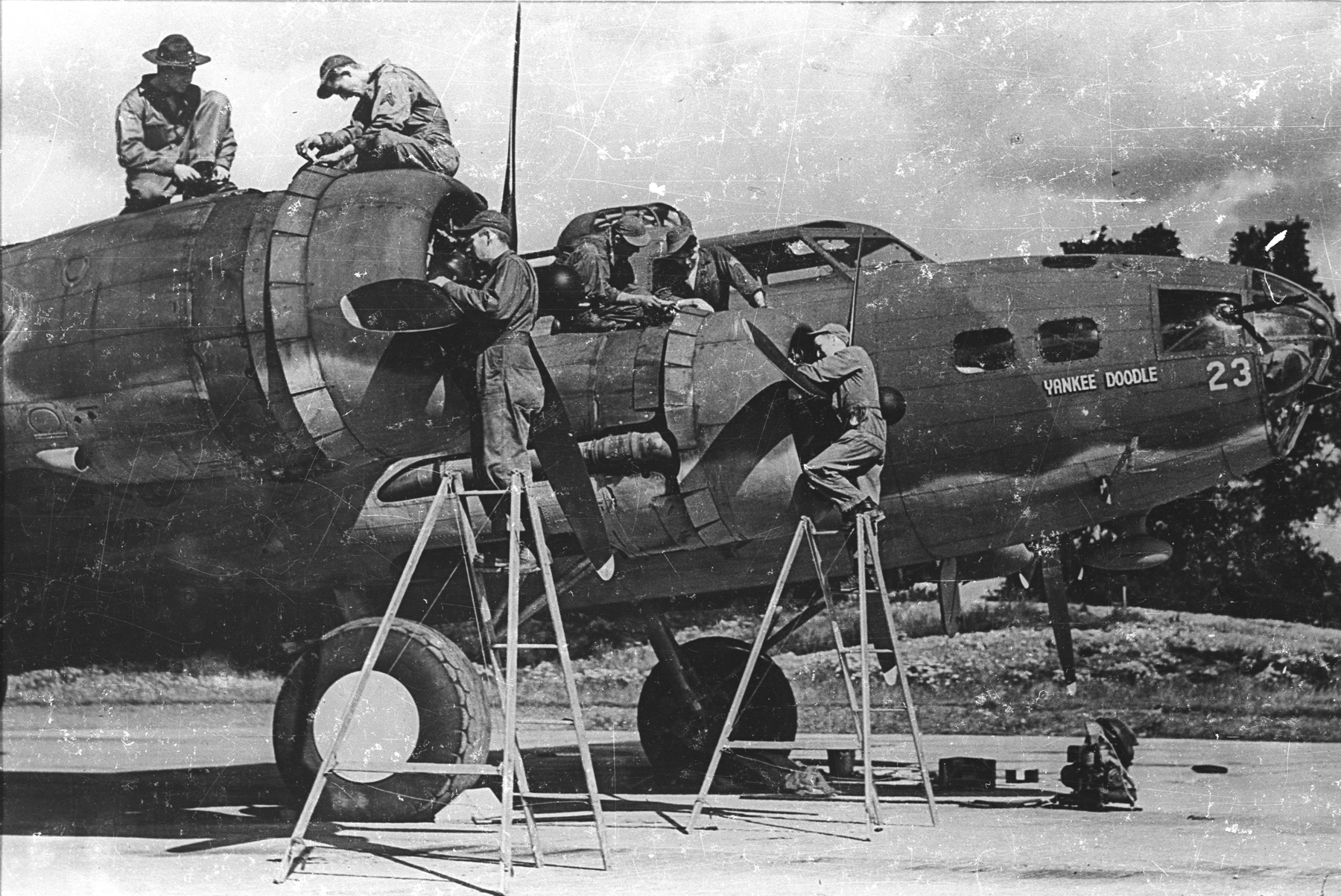 brigadier General Ira C. Eaker commanded the raid from this Boeing B-17E Flying Fortress, 41-9023, Yankee Doodle, here being serviced between missions. (U.S. Air Force)
