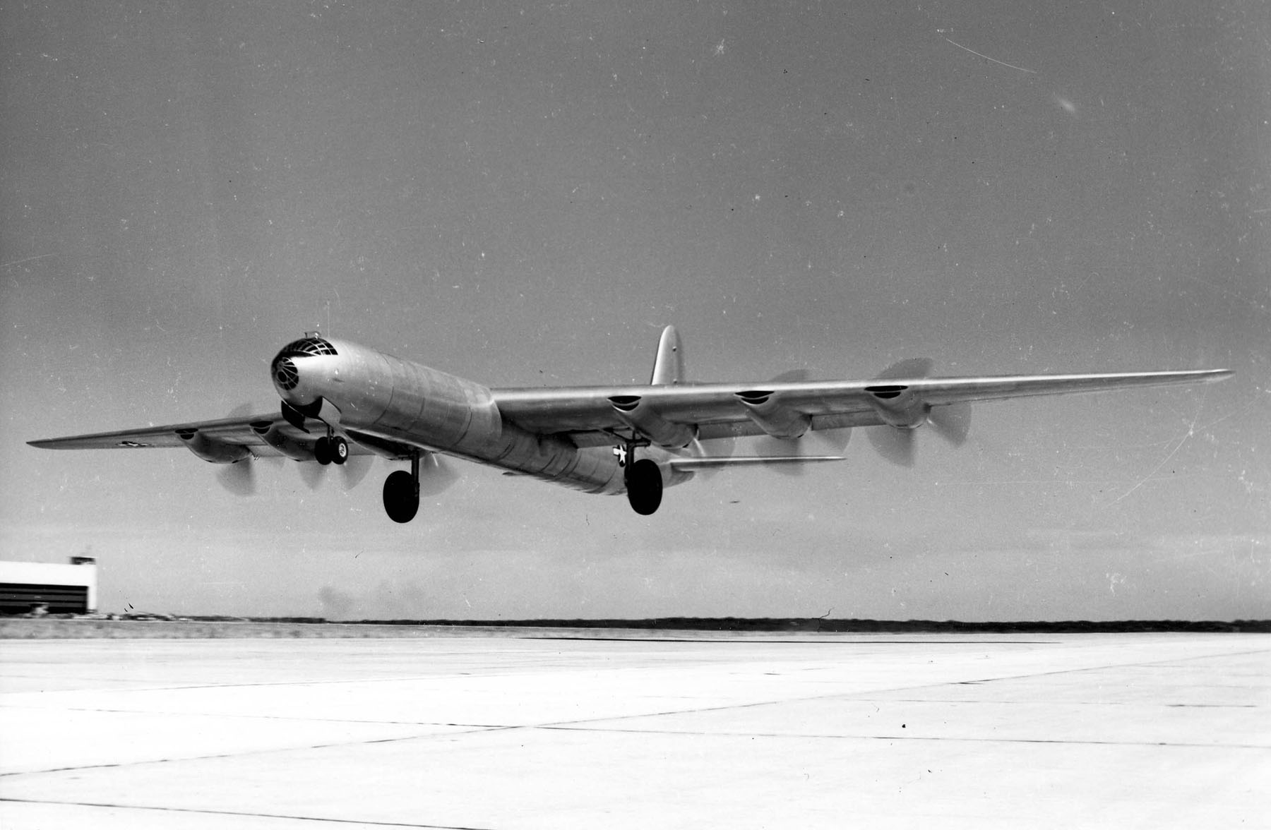 The prototype Convair XB-36, 42-13570, lifts off the runway at Fort Worth, Texas. (U.S. Air Force) 