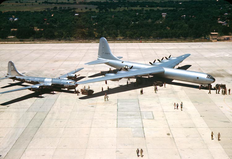 A size comparison between the Convair XB-36 prototype and a Boeing B-29 Superfortress.