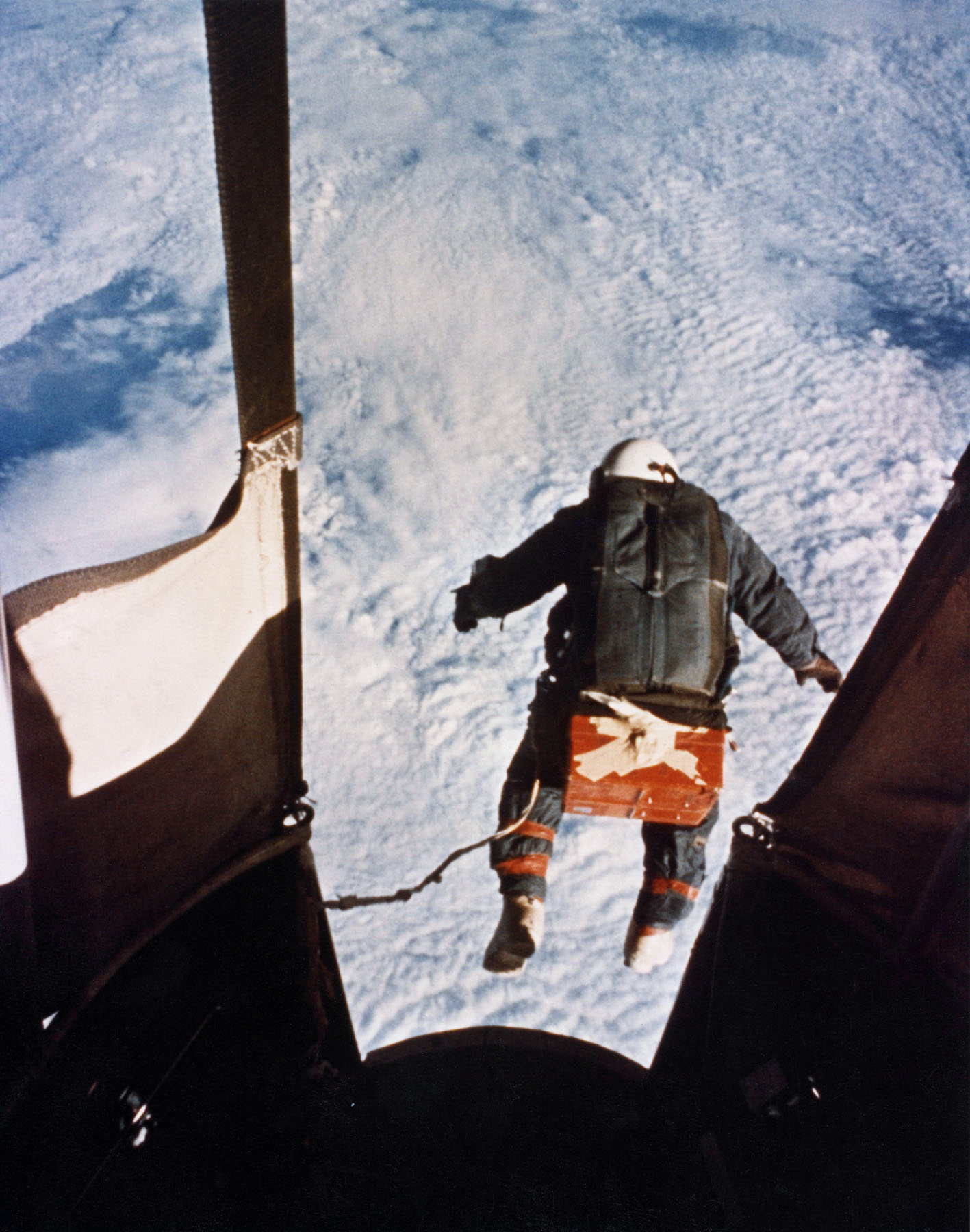 Captain Kittinger steps off the Excelsior gondola, 102,800 feet above the Earth, 16 August 1960. (U.S. Air Force)
