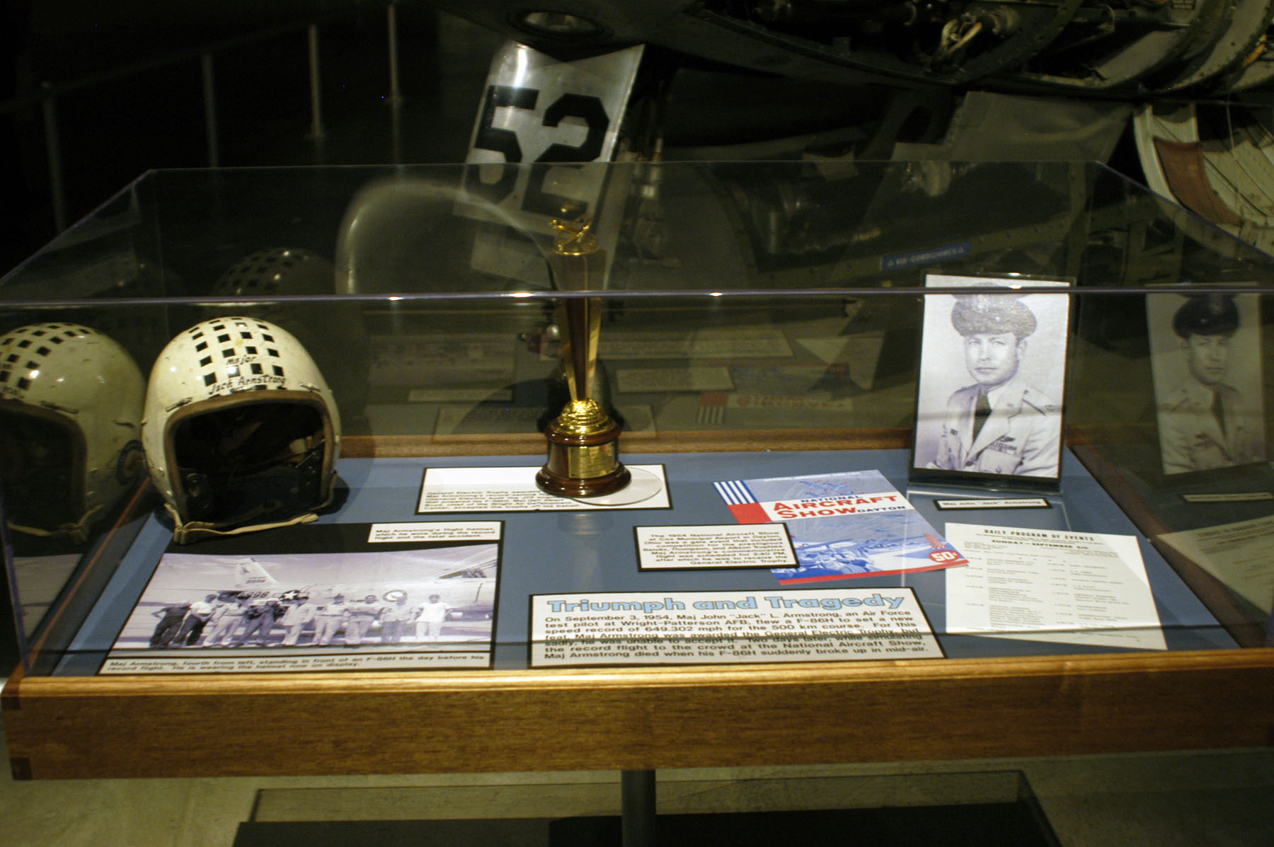 This exhibit at the National Museum of the United States Air Force, Wright-Patterson AFB, ohio, commemorates Major Armstrong's record-setting flight. His flight helmet is included in the display. (U.S. Air Force)