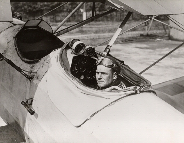 Lieutenant James H. Doolittle, U.S. Army Air Corps, in rear cockpit of the Consolidated NY-2 Husky, NX7918, a trainer equipped with experimental flight instruments. (National Air and Space Museum Archives, Smithsonian Institution)