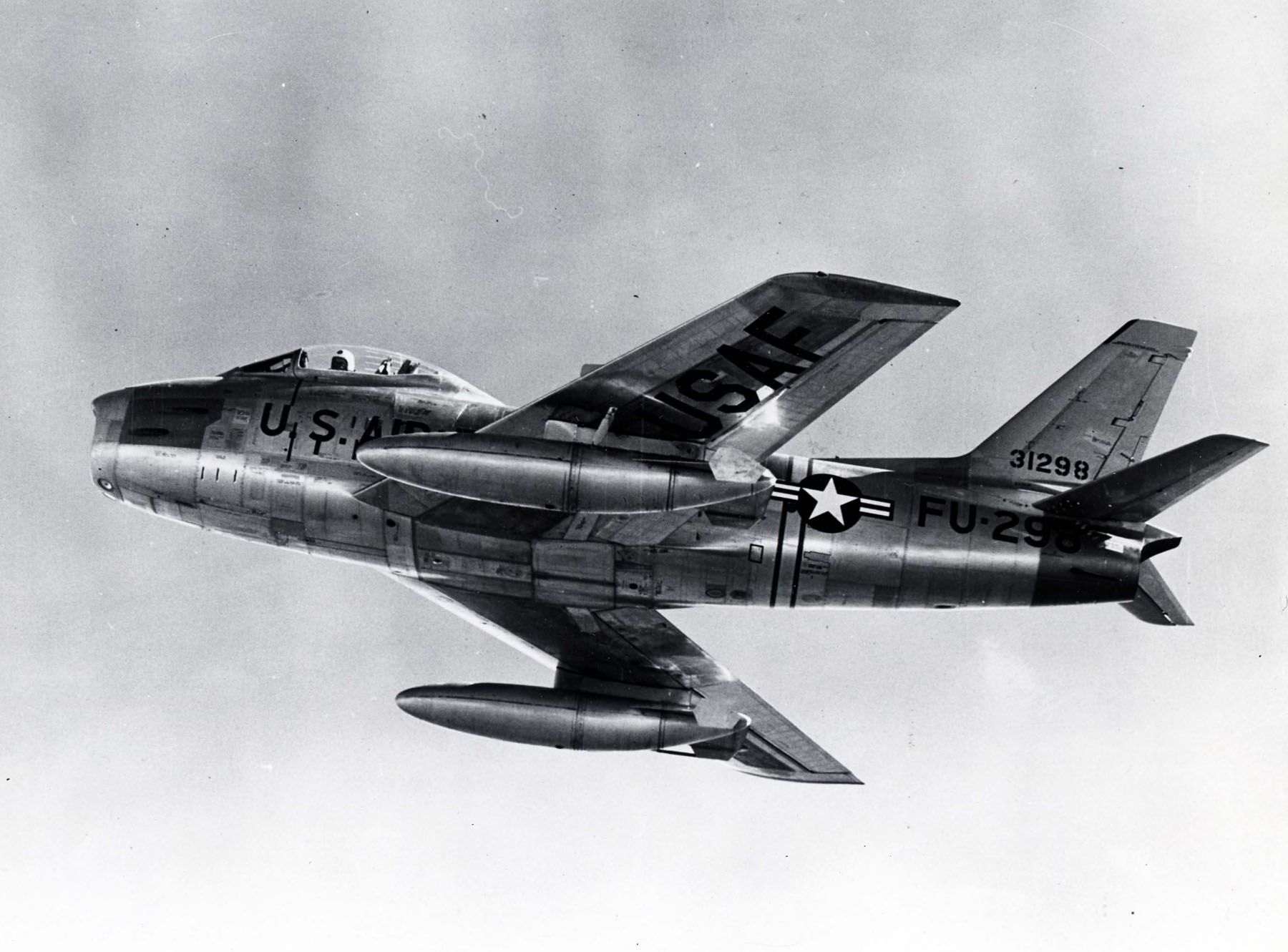 Another view of North American Aviation F-86-10-NH Sabre 53-1298. This fighter bomber i similar to the airplane flown by Colonel Armstrong to set a world speed record. (U.S. Air Force) 