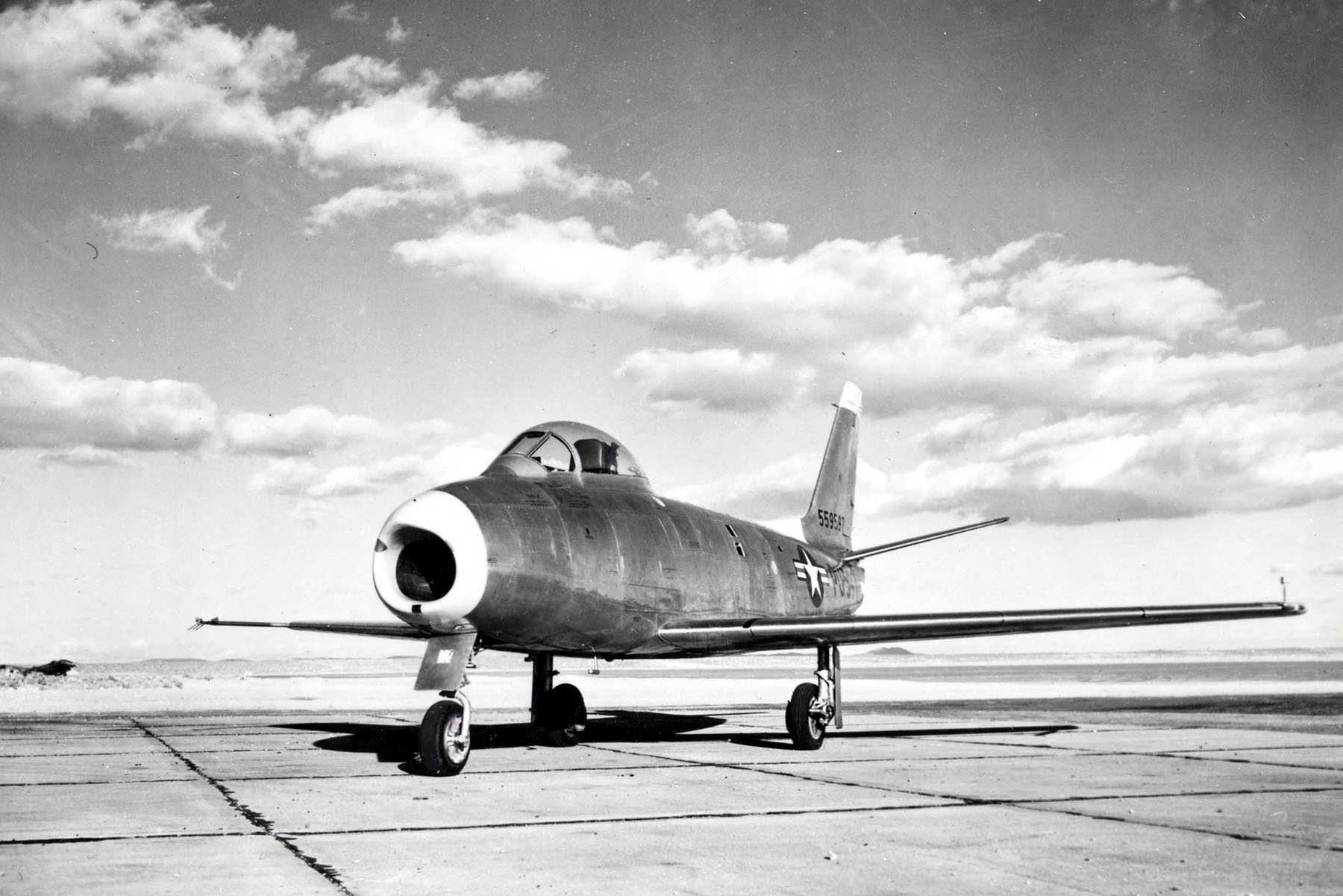 North American Aviation Model NA-140, the first XP-86 prototype, 45-59597, at Muroc AAF, 1947. (U.S. Air Force)