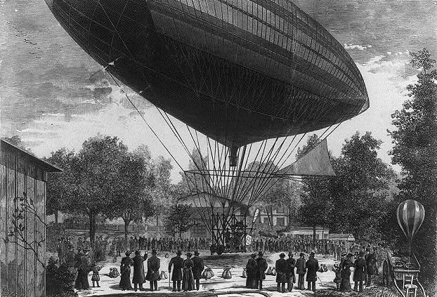 This engraving by E.A. Tilly depicts the Tissandier electric airship departing Auteuil, Paris, 8 October 1883. (Library of Congress Prints and Photographs Division)