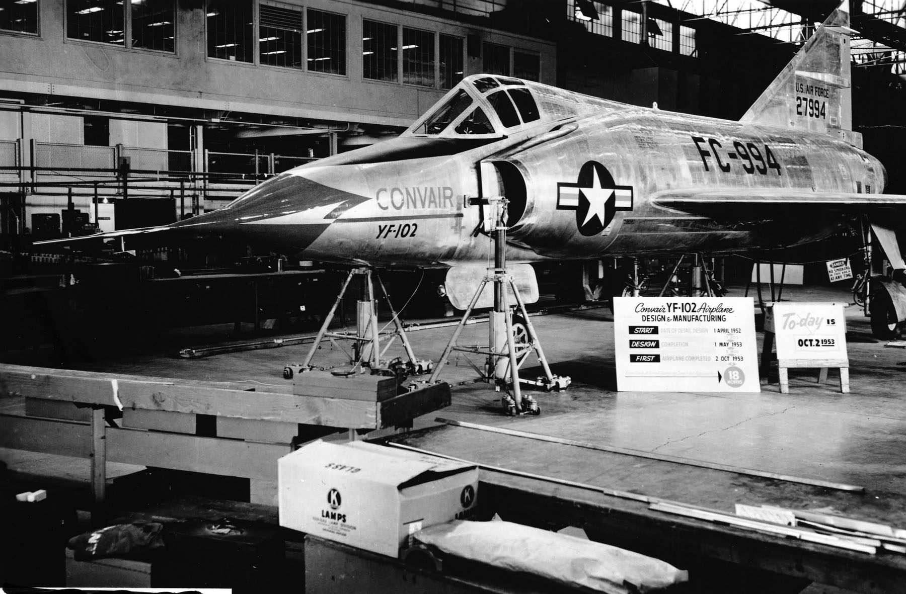The first prototype Convair YF-102 Delta Dagger, 52-7994, was completed at the Convair plant in San Diego, 2 October 1953. (U.S. Air Force)