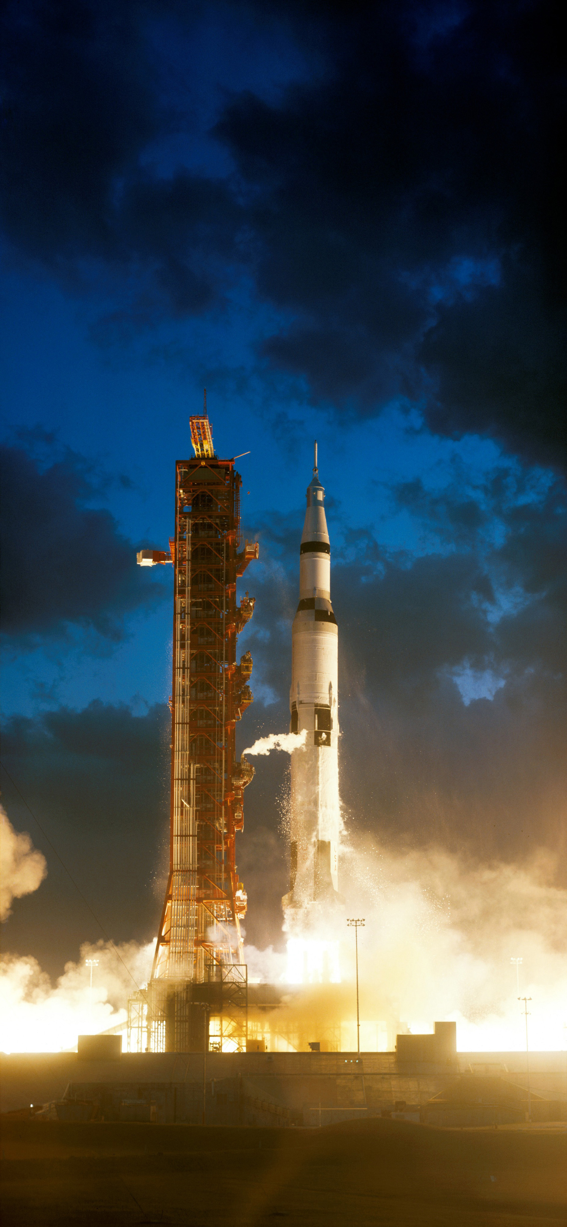 Apollo 4 Saturn V AS-501 lifts off at 12:00:01 UTC, 9 November 1967. (NASA)