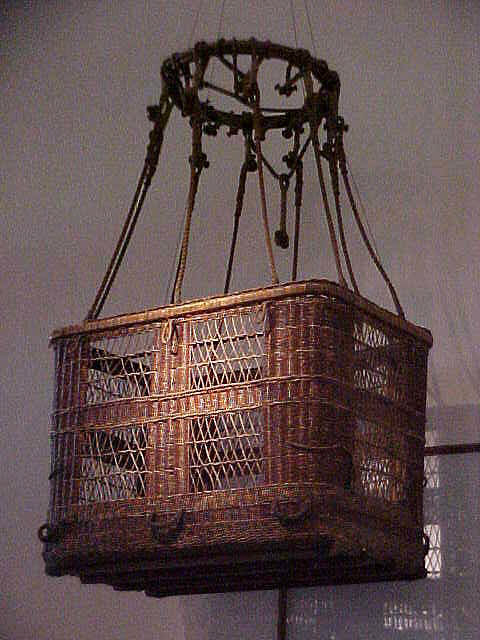 The wicker balloon gondola used by Captain Hawthorne C. Gray on 4 November 1927, on display at the Smithsonian Institution National Air and Space Museum. (NASM)