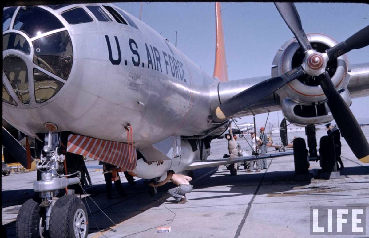 The Bell X-2 being loaded into the EB-50D Superfortress "mothership" at Edwards AFB, California. (LIFE Magazine)