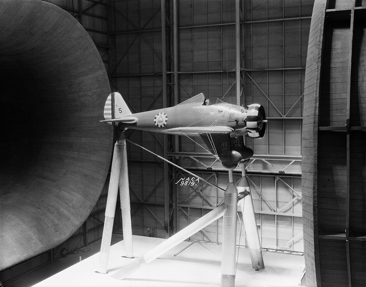 A Boeing P-26, A.C. 33-56, in a NACA wind tunnel, 1934. This "Peashooter", while assigned to teh 6th pursuit Squadron, ditched north of Kaluku, Oahu, Hawaii, 14 December 1938. (NASA)