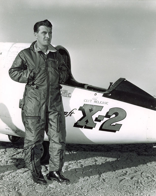 Major Frank Kendall Everest, Jr., U.S. Air Force, with the Bell X-2 supersonic research rocketplane, on Rogers Dry Lake at Edwards AFB, California, 1955. (U.S. Air Force)