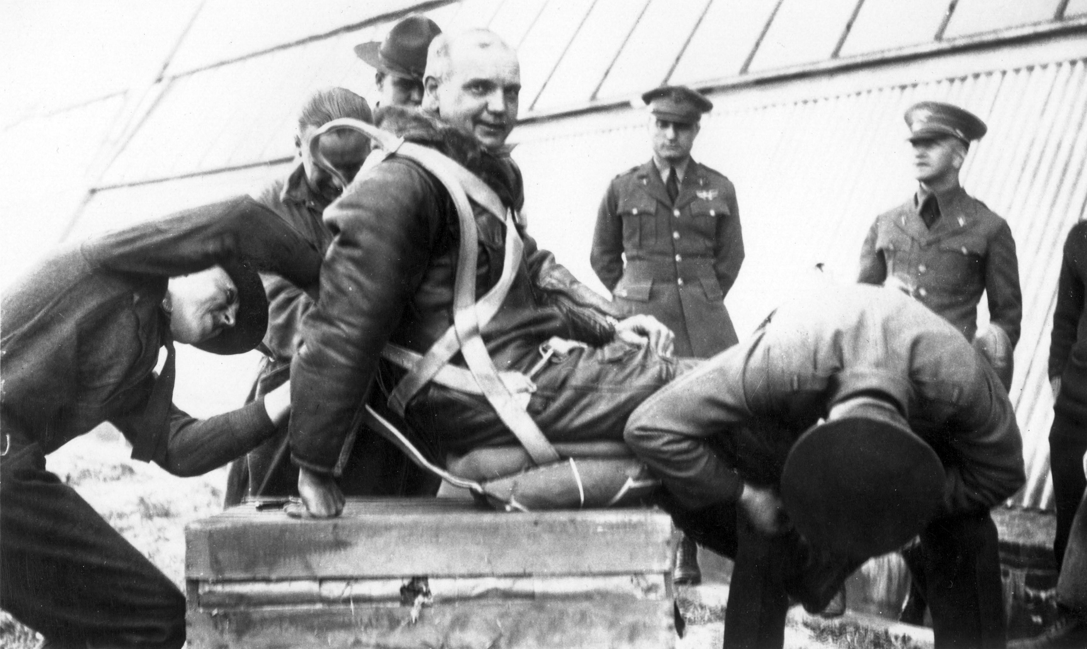 Captain Hawthorne C. Gray, U.S. Army Air Corps, preparing for his balloon ascent at Scott Field, Illinois, 4 November 1927. (U.S. Air Force)
