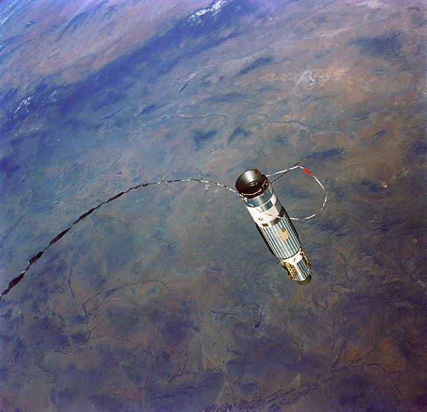 Gemini XII is tethered to the Agena TDV, in Earth orbit over the southwest United States and northern Mexico. (NASA)