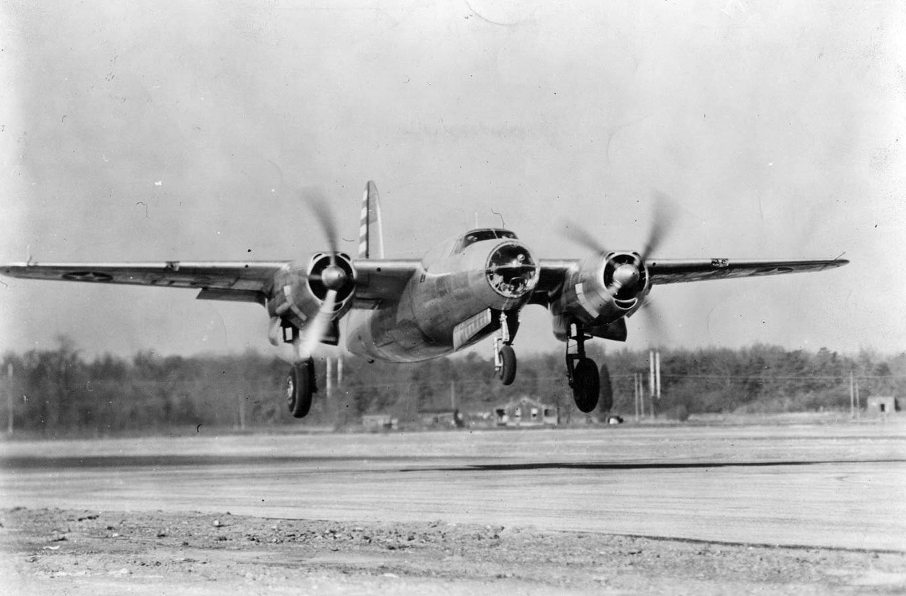 The first Martin Marauder, B-26-MA 40-1361, takes off for the first time at Middle River, Maryland, 25 November 1940. (U.S. Air Force)