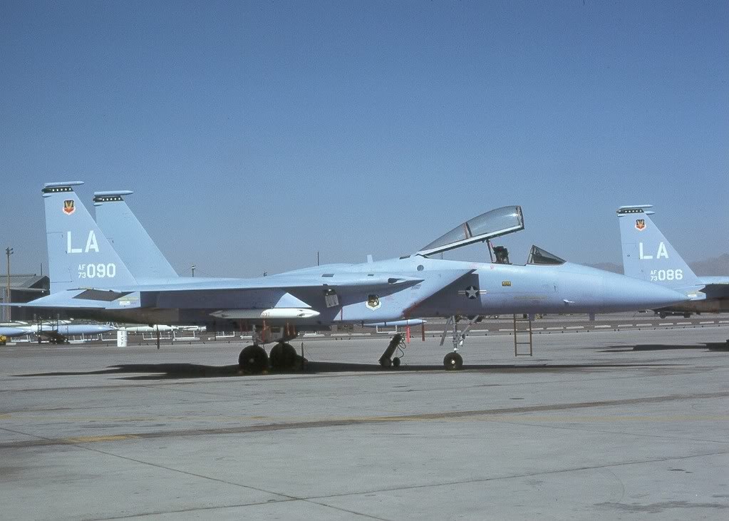McDonnell Douglas F-15A-8-MC Eagle 73-0090 at Luke AFB. The two aircraft in this photograph are painted “air superiority blue”. (U.S. Air Force)