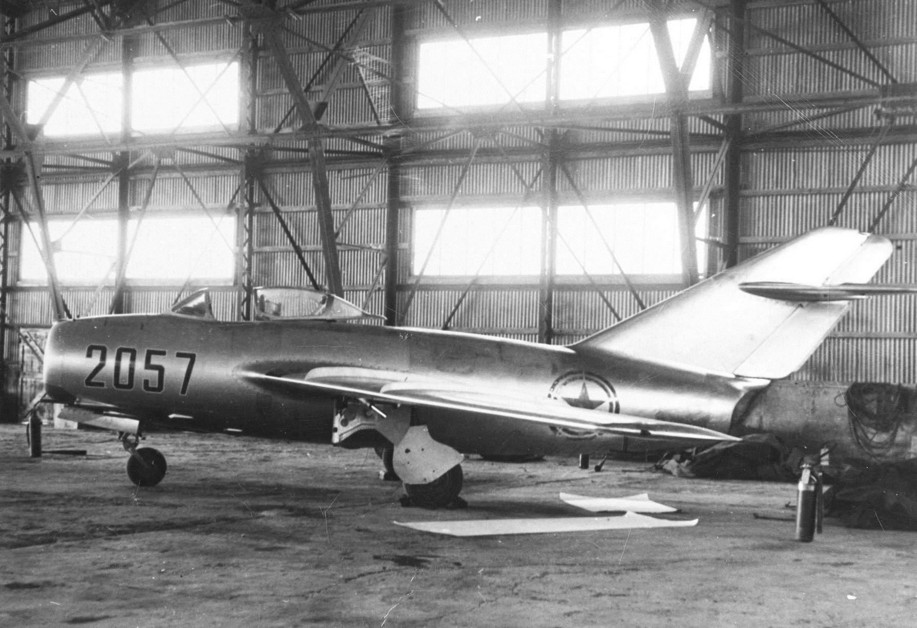 A Mikoyan-Gurevich MiG-15bis in a hangar at Kimpo Air Base, South Korea. A defecting North Korean pilot, Lieutenant No Kum-Sok, flew it to Kimpo, 21 September 1953. It was examined and test flown by Air Force test pilot Major Charles E. Yeager. The United States offered to return the airplane, but the offer was ignored. In 1957, the MiG-15 was placed in the collection of the National Museum of the United States Air Force, Wright-Patterson AFB, Ohio. (U.S. Air Force).