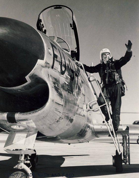 Captain J. Slade Nash, U.S. Air Force, with the record setting North American Aviation F-86D Sabre. (U.S. Air Force) 