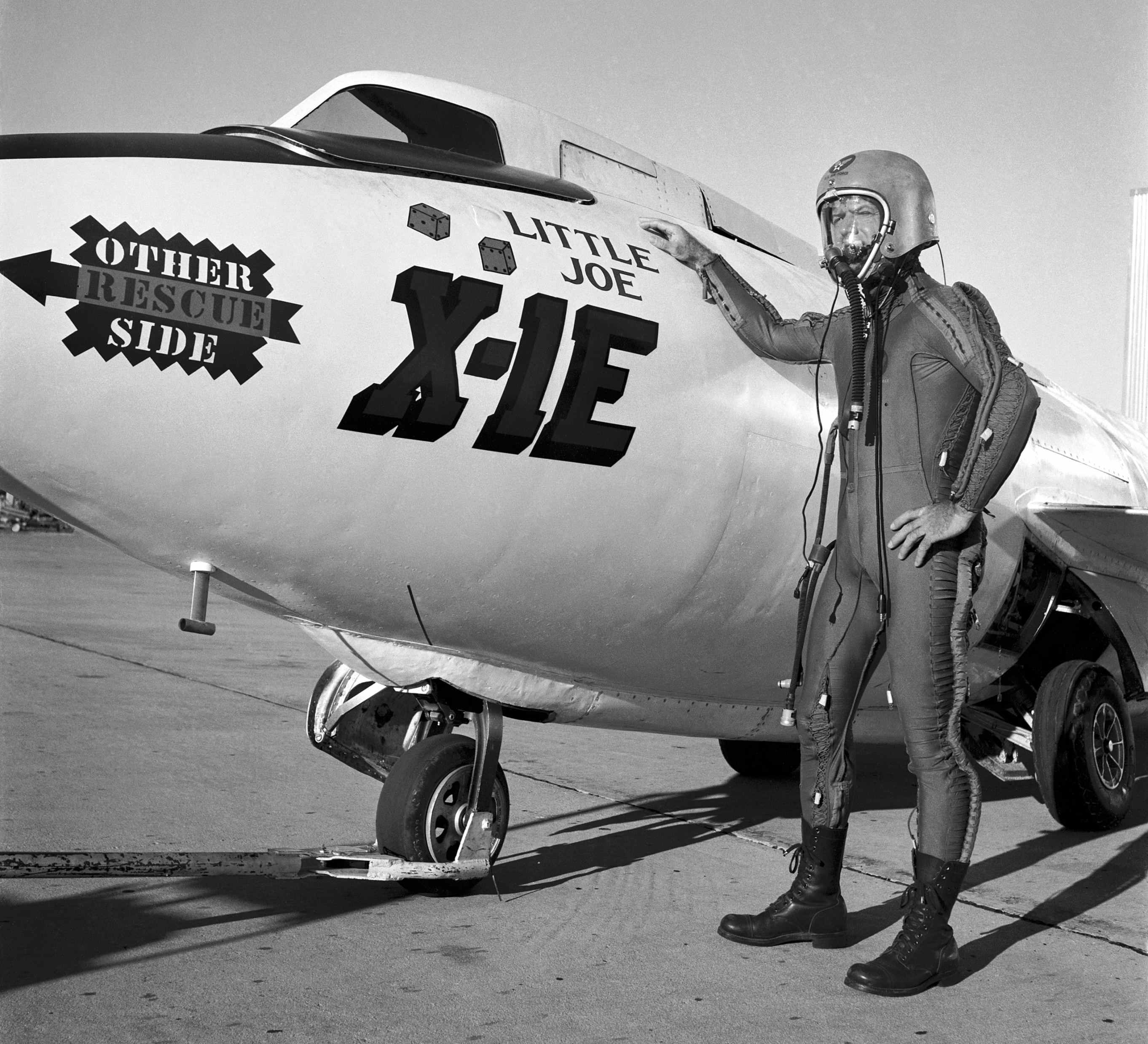 NACA test pilot Joseph Albert Walker made 21 of the X-1E's 26 flights. In this photograph, Joe Walker is wearing a David Clark Co. T-1 capstan-type partial-pressure suit with a K-1 helmet for protection at high altitudes. (NASA)