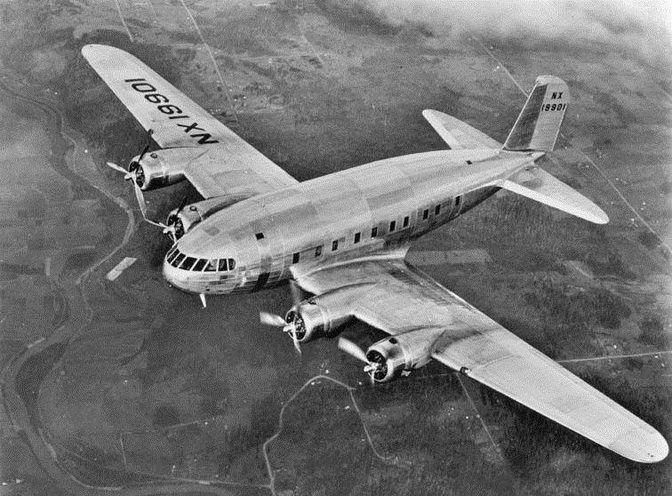 Boeing 307 Stratoliner NX19901 with both propellers on right wing feathered. (Boeing)