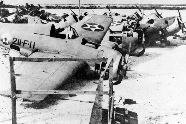 Captain Henry T. Elrod's Grumman F4F-3 Wildcat, 211-F-11, Bu. No. 4019, shown here damaged beyond repair and salvaged for parts, took part in the attack on IJN Kisaragi. (Imperial Japanese Navy)