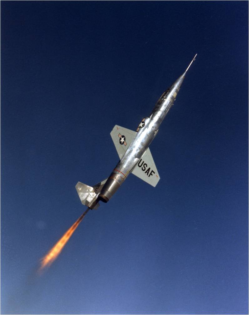 One of the three Lockheed NF-104A Starfighter Aerospace Trainers, 56-756, in a zoom-climb with the rocket engine firing. (U.S. Air Force)