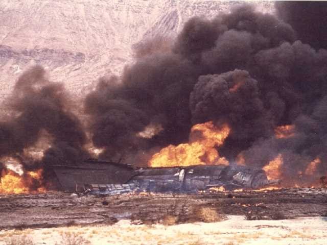The wreck of Lockheed SR-71A 61-7953 burning near Shoshone, California, 18 December 1969.