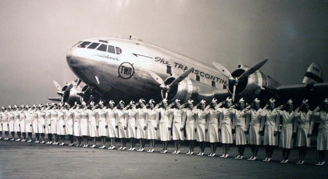 A Transcontinental and Western Airlines (TWA) Boeing 307 Stratoliner with cabin attendants. (TWA)