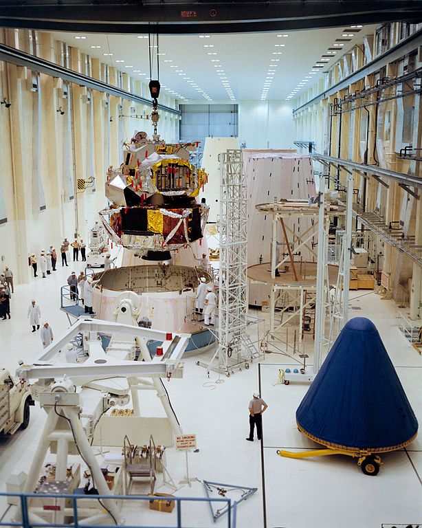 Apollo Lunar Module LM-1 being assembled with upper stage. (NASA)