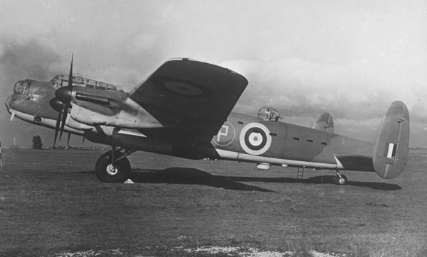 Avro Lancaster DG595, the second protoype of the Royal Air Force four-engine heavy bomber. This armed prototype has the twin-tail arrangement of the production aircraft. (Unattributed)