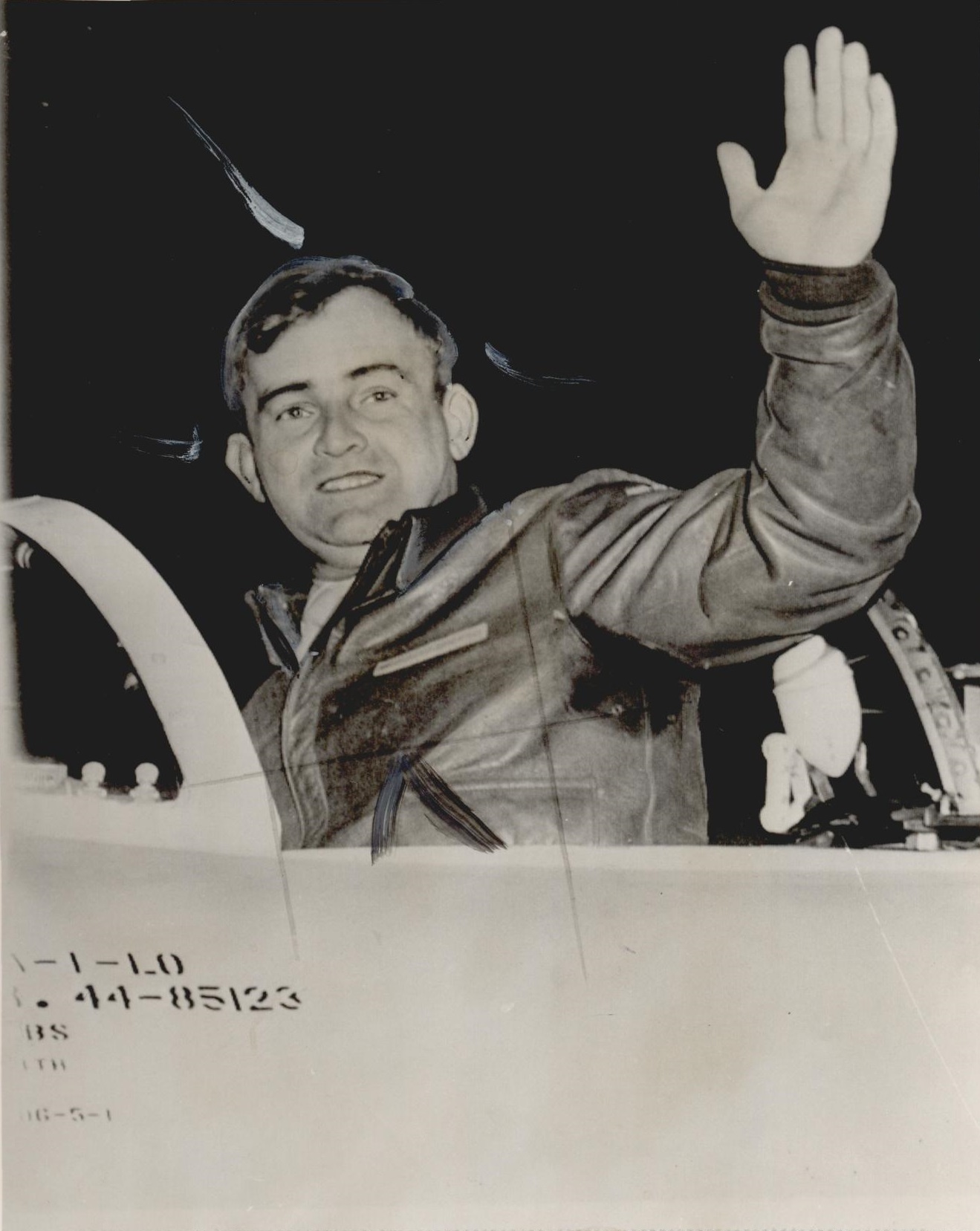 Colonel William H. Councill, U.S. Air force, waves from the cockpit of his record-setting Lockheed P-80A-1-LO Shooting Star, 44-85123. (AP Wirephoto, Oklahoma Historical Society) 