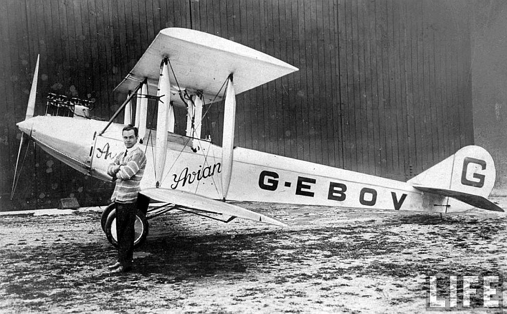 Herbert Hinkler, DSM, with his Avro 581E Avian, G-EBOV, before their departure from England, February 1928. (LIFE Magazine)