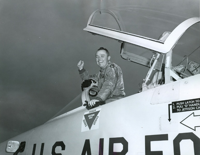 Major Walter F. Daniel, U.S. Air Force, in the cockpit of Northrop T-38A-40-NO Talon 61-0849 at Edwards AFB after setting four Fédération Aéronautique Internationale (FAI) time-to-altitude world records, 18 February 1962. (U.S. Air Force)