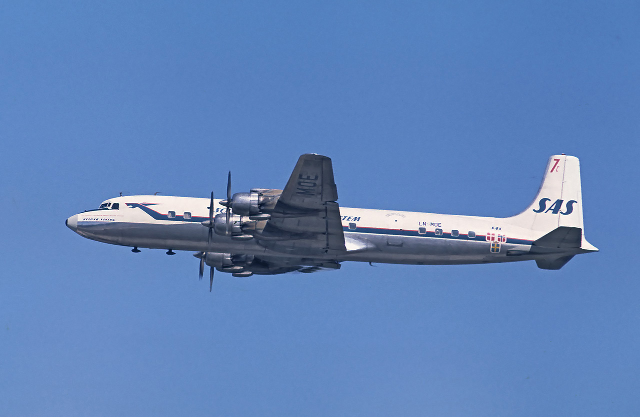 Reidar Viking, a Scandinavian Airlines System Douglas DC-7C, LN-MOE, at Stockholm-Arlanda Airport, May 1967. (Lars Söderström )