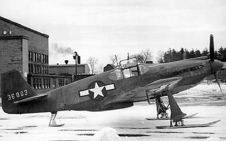 The first production P-51A, 43-6006, shown with skis for winter operations testing. (U.S. Air Force)