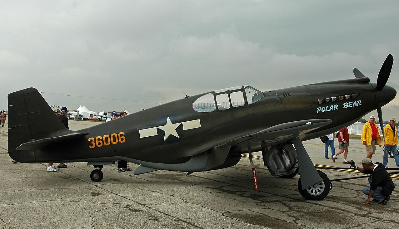 The fourth production airplane, North American Aviation P-51A-1-NA Mustang 43-6006. This Mustang crashed in Alsaka in 1944 an dwas recovered in 1977, then restored. It has FAA registration N51Z. (Kogo via Wikipedia)