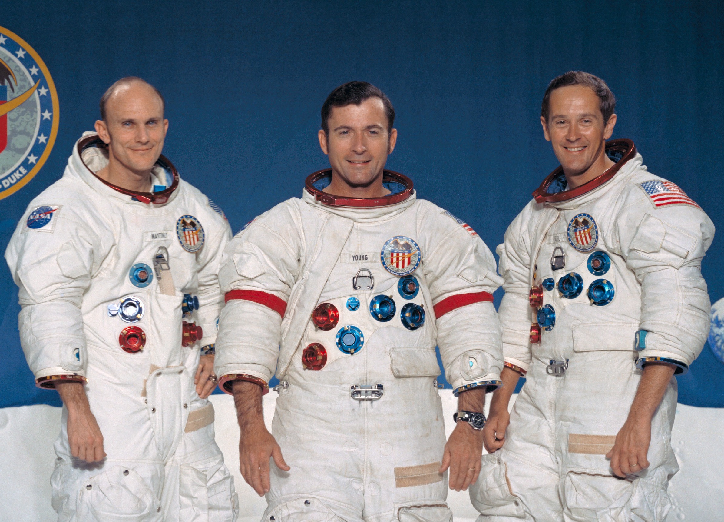 Flight Crew of Apollo 16, left to right, Thomas K. Mattingly II, John W. Young, and Charles M. Duke. (NASA) 