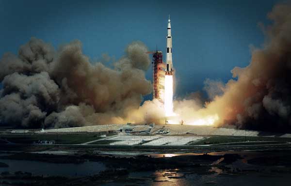 Apollo 16 (AS-511) lifts off from Launch Complex 39A, Kennedy Space Center, Cape Canaveral, Florida, at 17;54:00 UTC, 16 April 1972. (NASA)