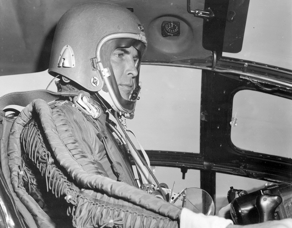 Captain William L. Hickey, USAF, pilot of a Convair B-36 Peacemaker very long-range heavy bomber during Operation Teapot, 1955. Captain Hickey is wearing a David Clark Co. S-2 capstan-type partial-pressure suit and K-1 helmet for protection at high altitude. (U.S. Air Force via Jet Pilot Overseas)