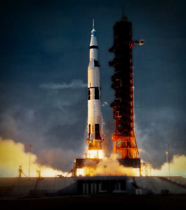 Apollo 10 (AS-505) lifts off from Launch Complex 39B at the Kennedy Space Center, Cape Canaveral, Florida, 16:49:00 UTC, 18 May 1969. (NASA)