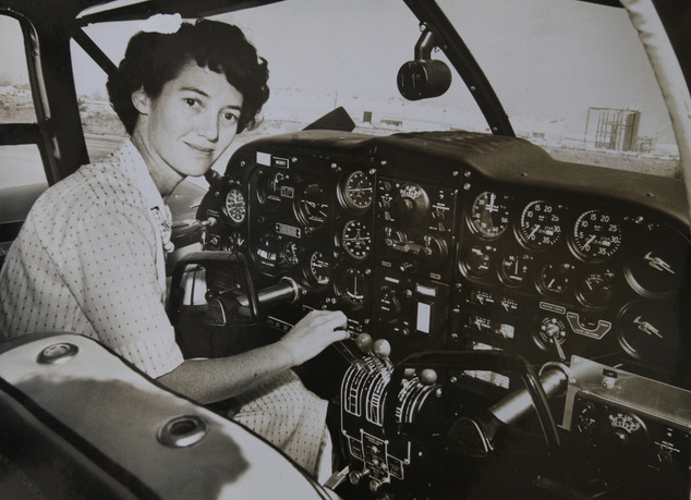 Betty Miller in the cockpit of the Piper Apache, before departing on her Trans-Pacific Flight. (Mercury News)