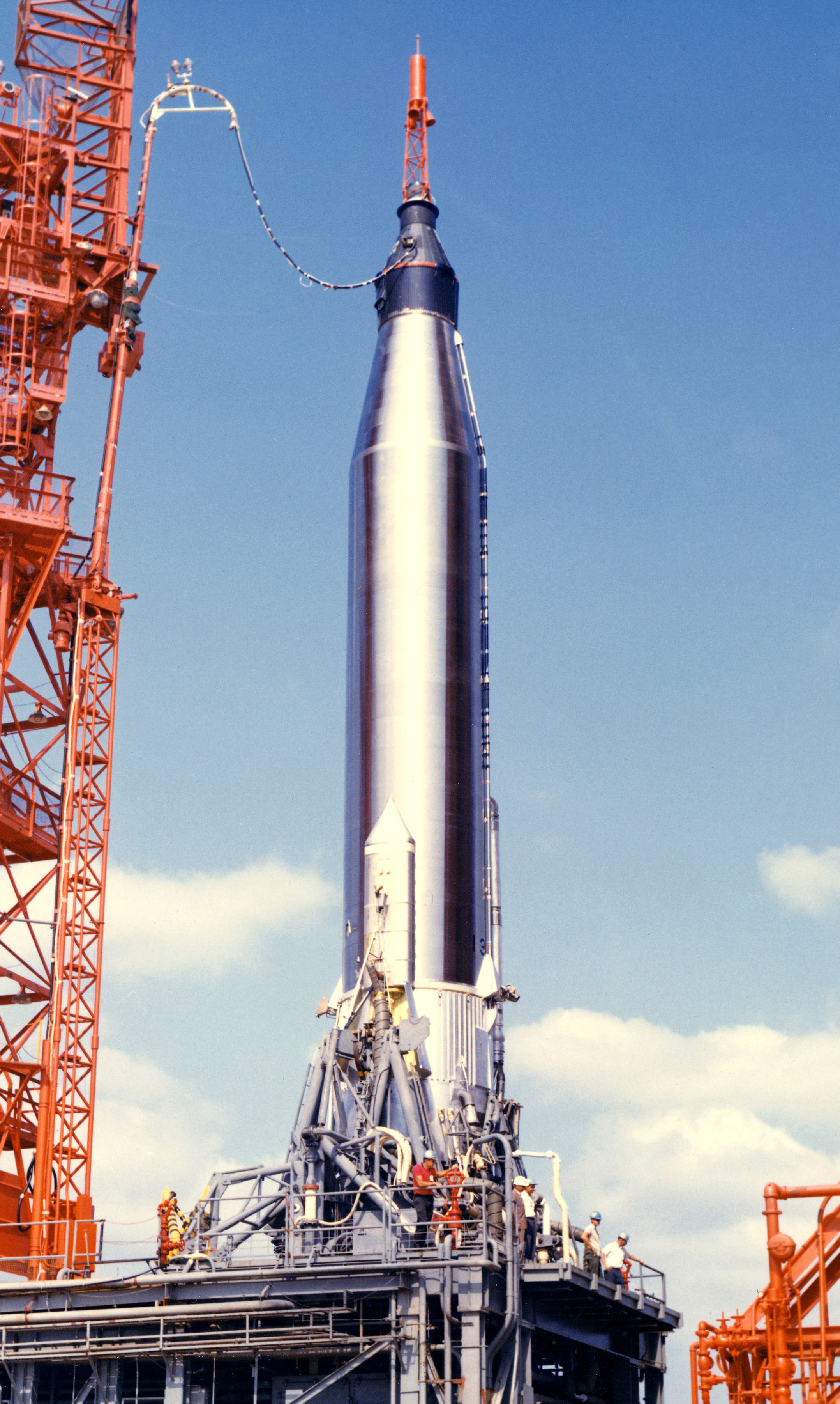 Mercury-Atlas 9 at Laucnh Complex 14. The gantry has been pulled back, but the rocket has not been filled with propellants. (NASA)