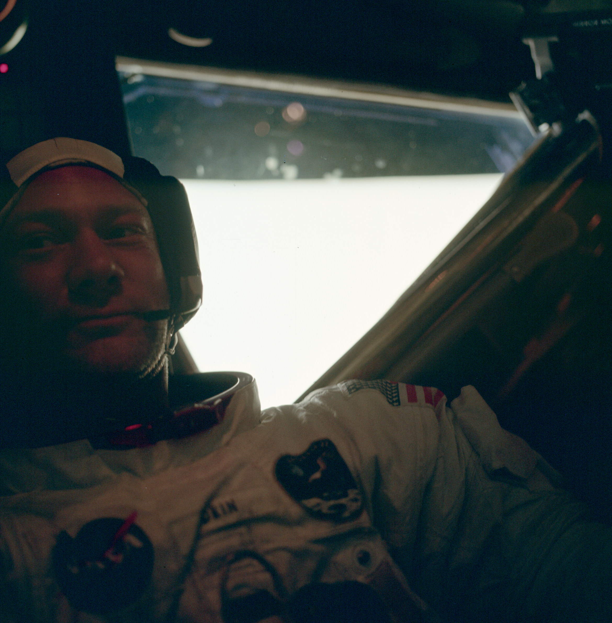 Buzz Aldrin in the Lunar Module Eagle after the EVA, 21 July 1969. (Neil Armstrong, NASA)