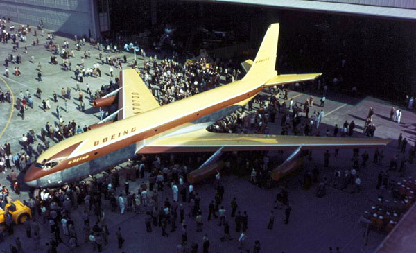 Boeing 367-80 N70700 is rolled out of teh final assembly building at Boeing's facility at Renton Field, 14 may 1954. (Boeing)